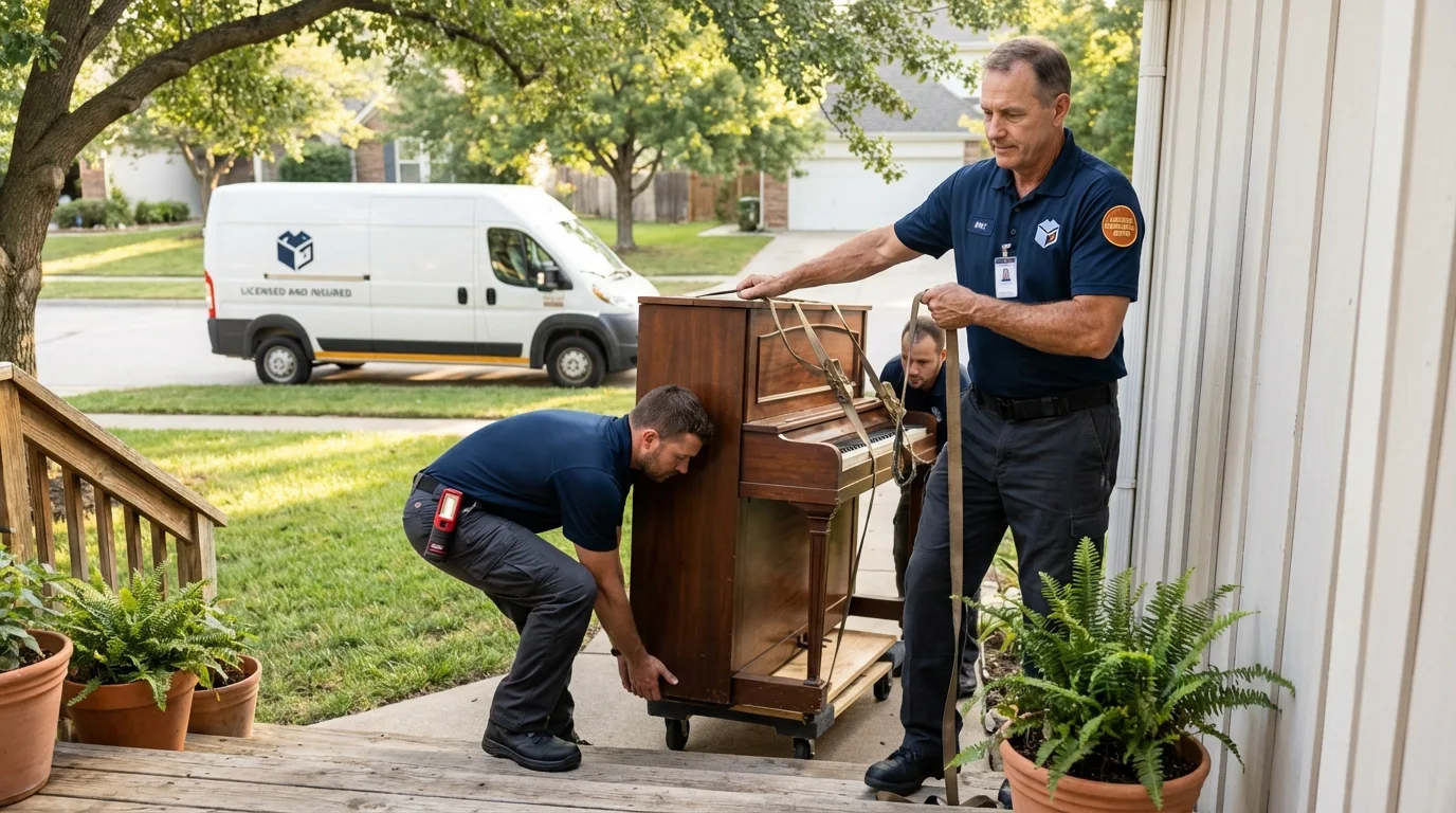 Licensed piano movers securing grand piano in Naperville, IL