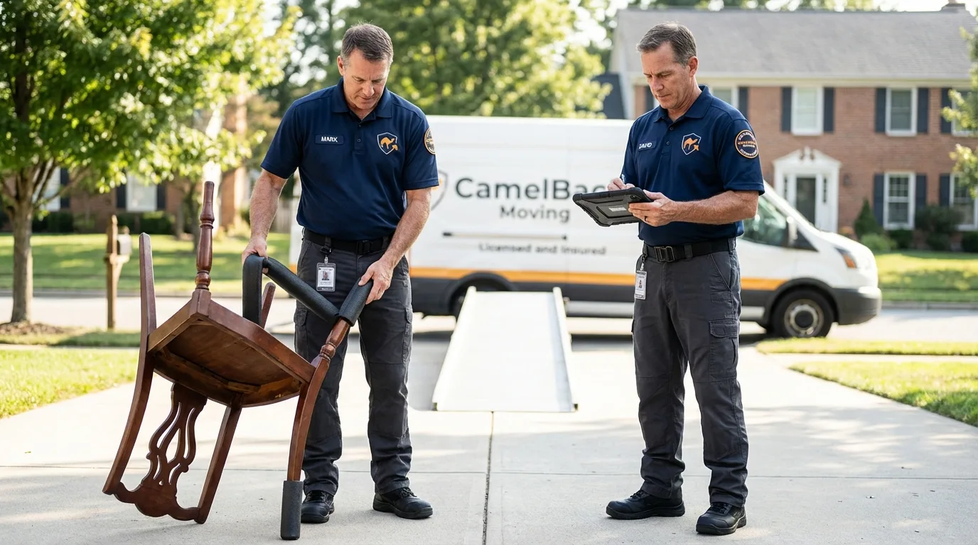 Movers inspecting furniture for damage prevention before loading in Naperville, IL