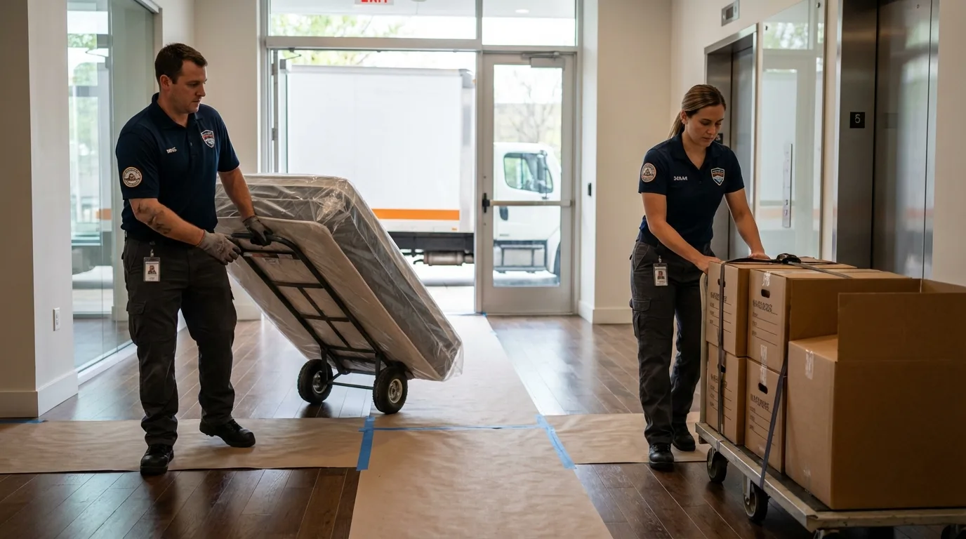 Professional apartment movers loading elevator in Naperville, IL